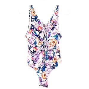 Tropical Swimsuit plunge lace up v-neck one piece size large new